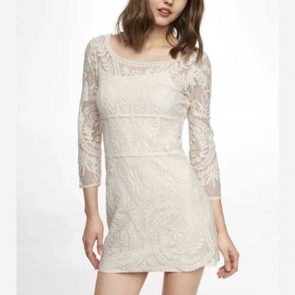 Express Cream Sheer 3/4 Sleeve Mini Dress with Lining - XS - Picture 1 of 10
